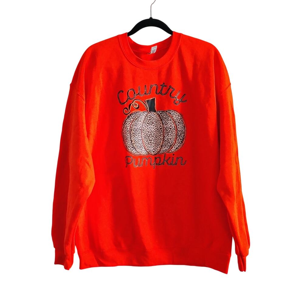 Women XL Leopard Country Pumpkin Graphic Print Orange Sweatshirt Halloween NEW